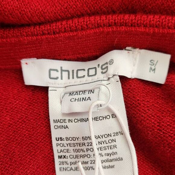 Chico's Red Sweater Poncho with Black Lace Trim NWT Size Small/Medium Red Poncho - Picture 7 of 11